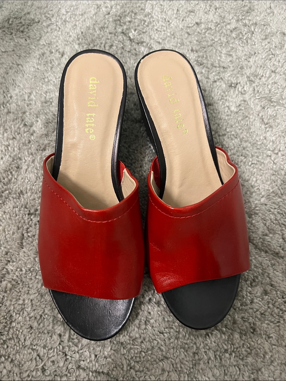 David Tate Red Leather Open-Toe Slide Mules